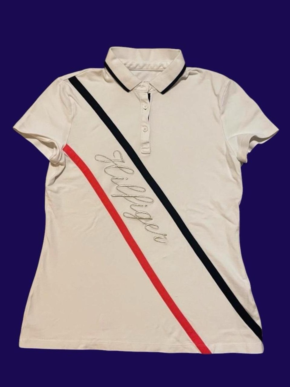 Tommy Hilfiger White Polo Shirt with Diagonal Stripes and Script